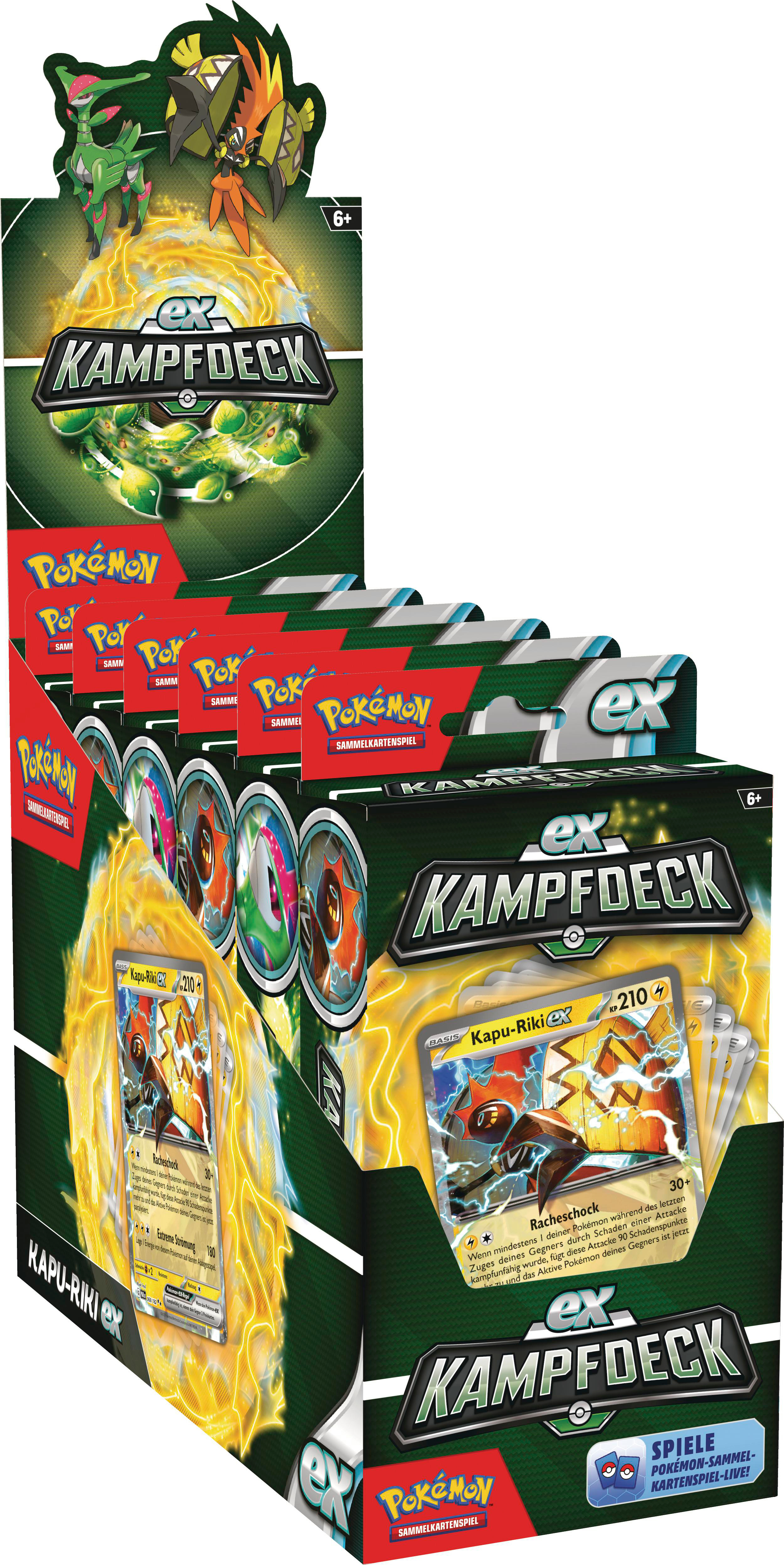 Ausstellungsbox mit Pokémon TCG Decks. Mehrere Packungen sichtbar.