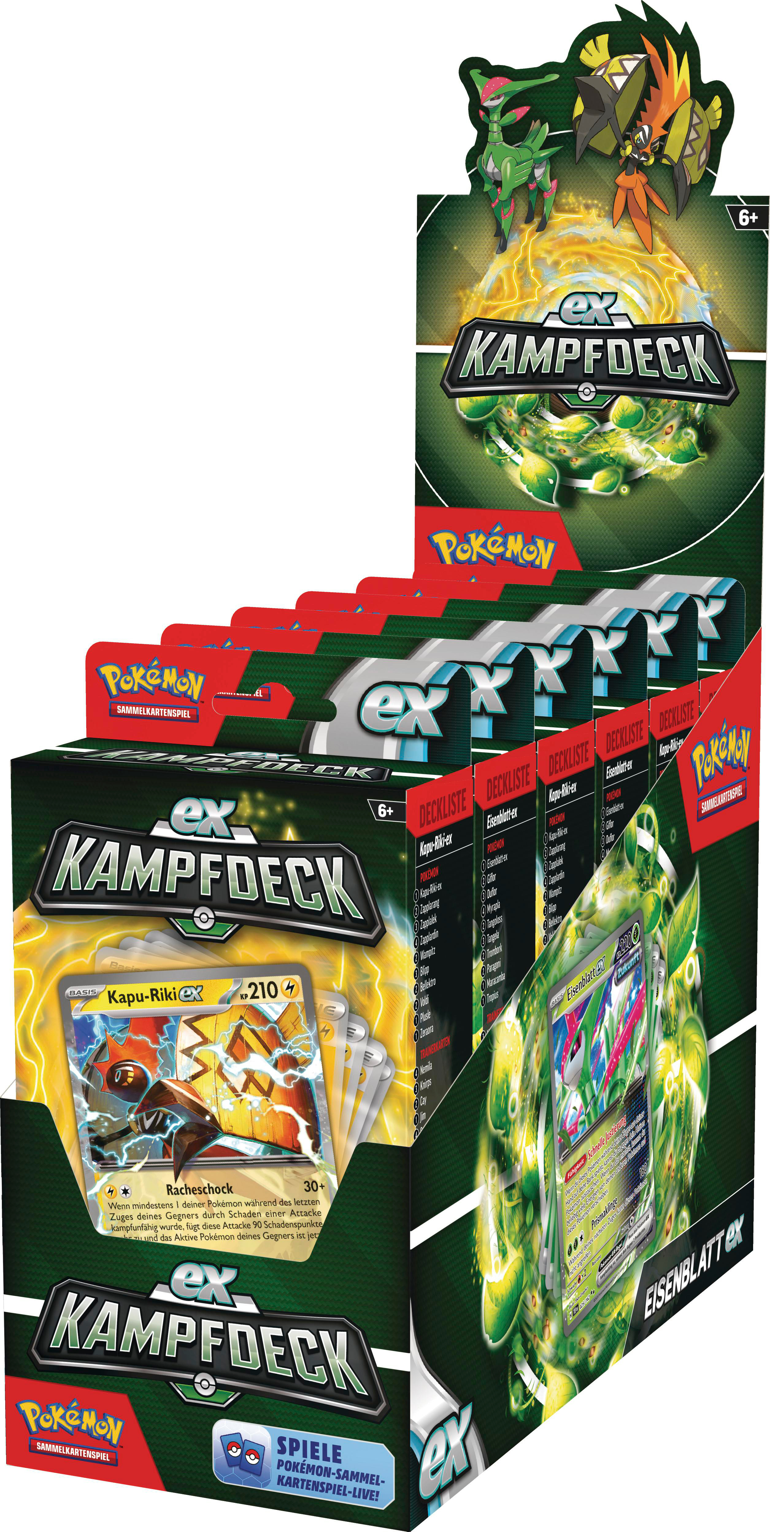 Eine Anzeige von Pokémon-Kampfdecks, grün und rot.