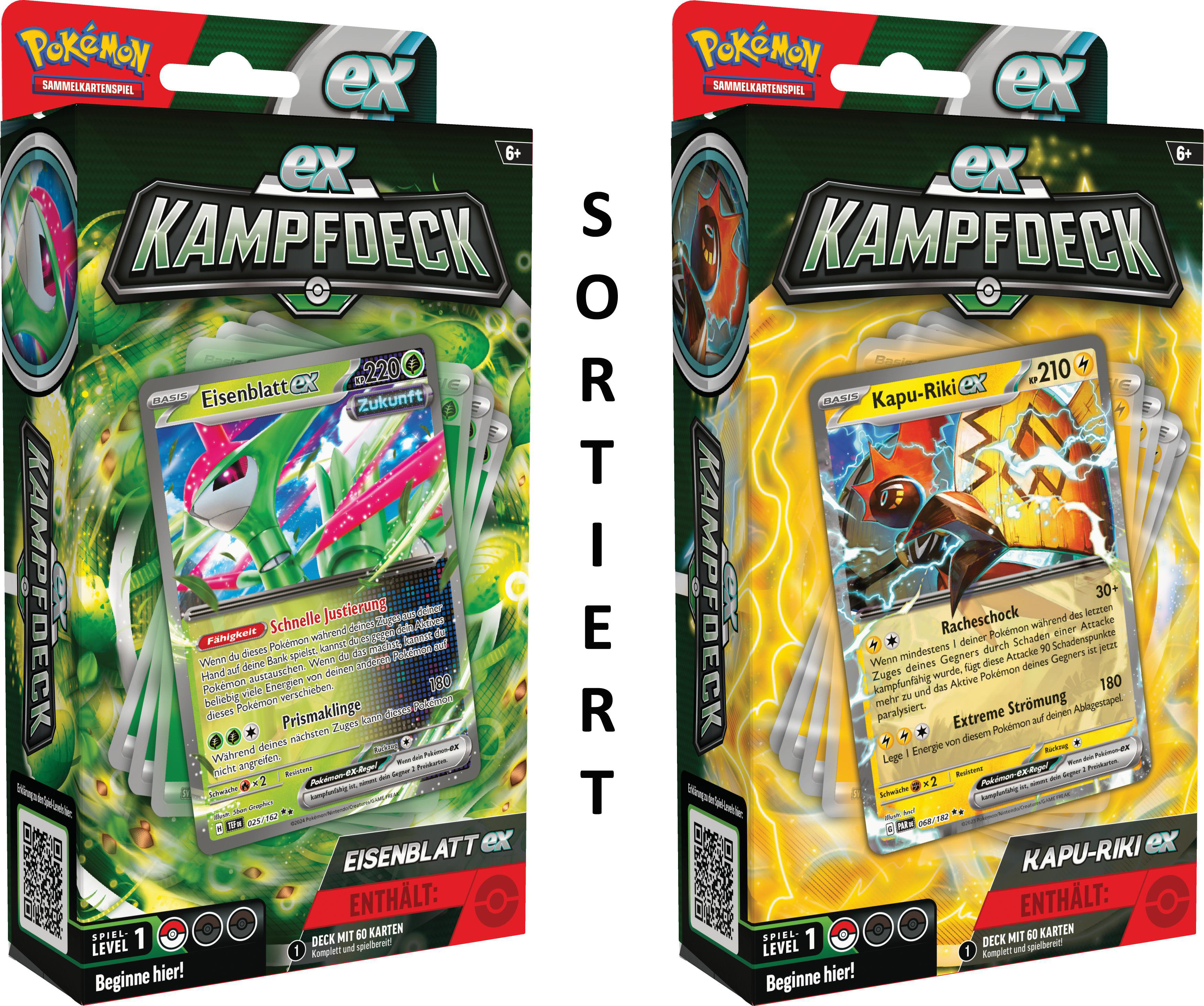 Zwei Pokemon-Kartendecks. Eins mit einem grünen Drachen. Das andere mit einem gelben Monster.