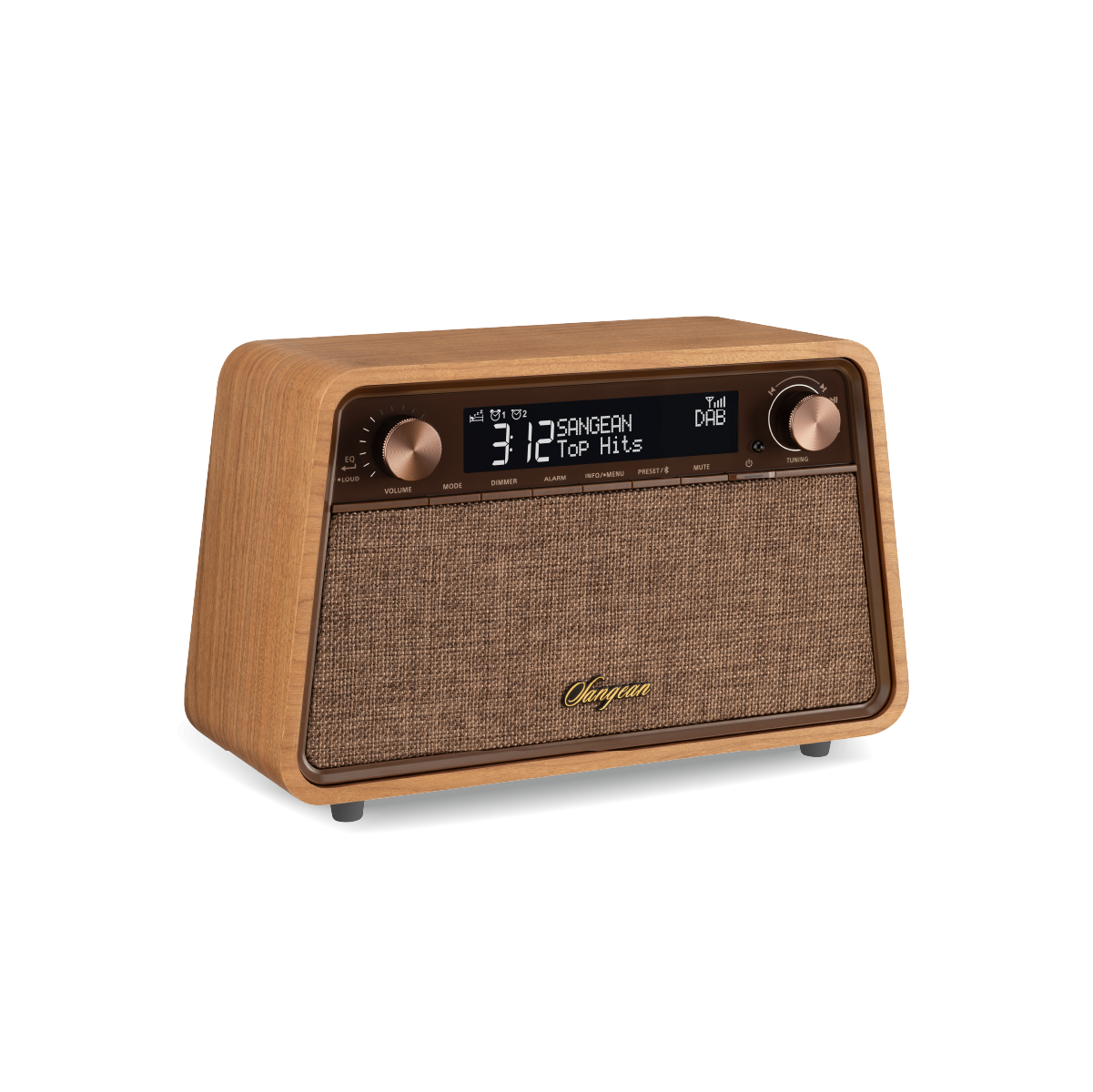 Ein Holzradio mit braunem Stoff-Lautsprechergrill und Digitalanzeige mit Uhrzeit.