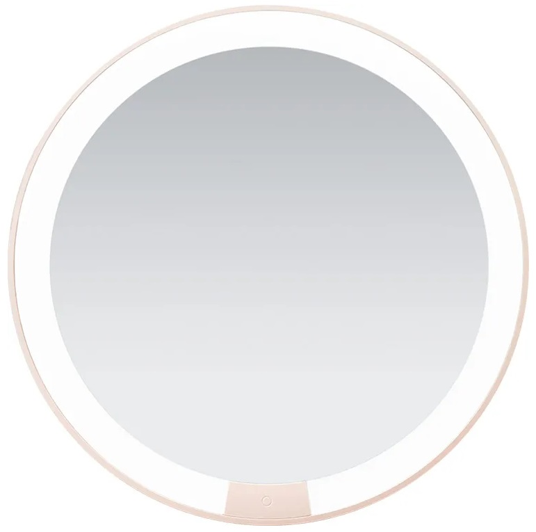 Okrągłe lustro z białym pierścieniem świetlnym LED. Ma ramkę w kolorze różowego złota i sterowanie dotykowe.