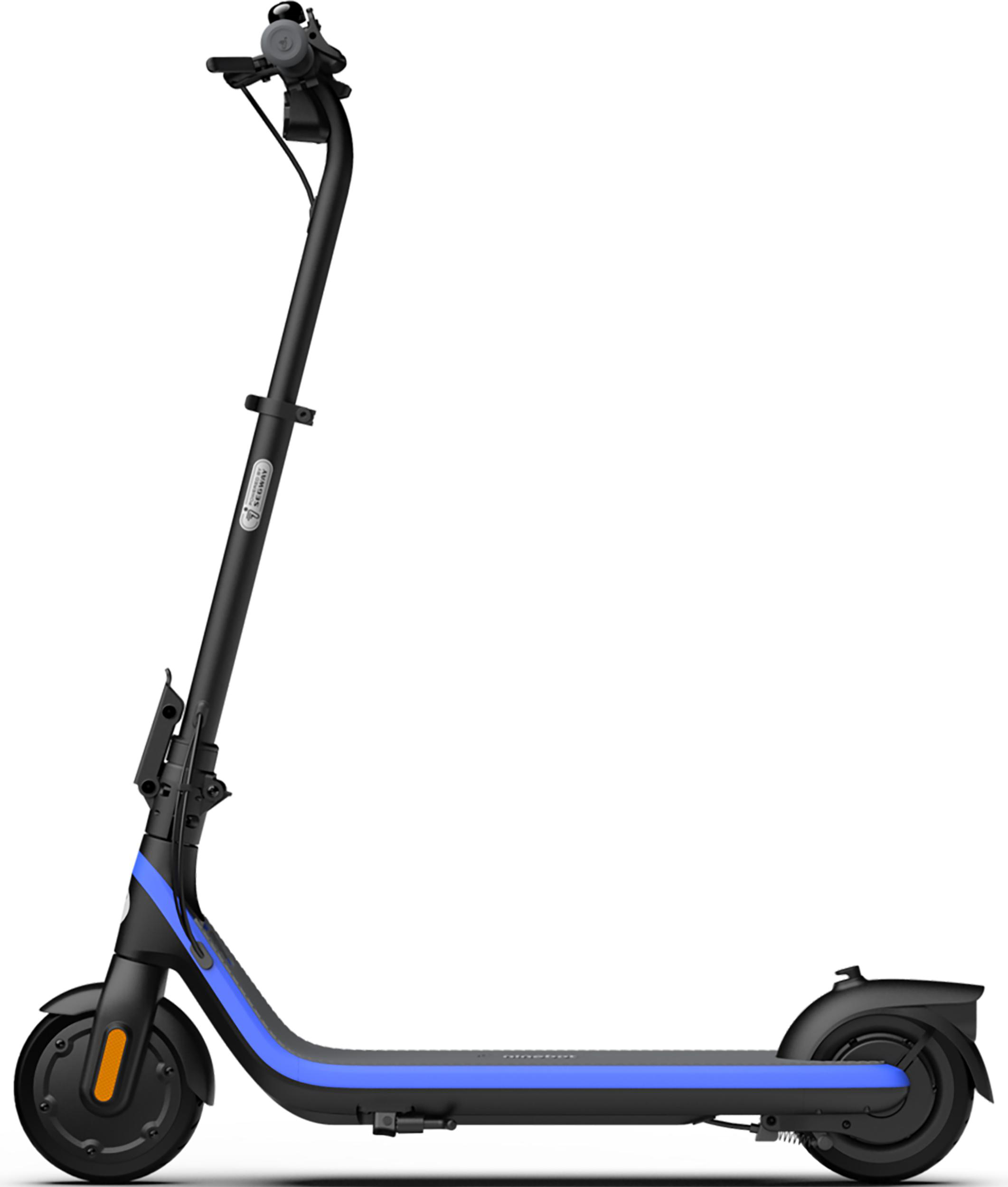 Ein schwarz-blauer Elektroroller auf weißem Hintergrund. Der Roller befindet sich in aufrechter Position.
