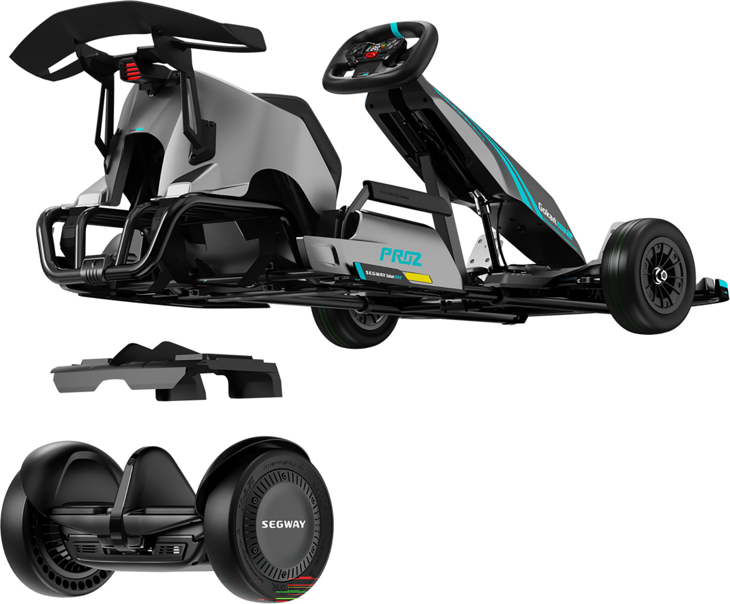 Ein Go-Kart-ähnliches Fahrzeug, schwarz und grau, mit Segway-Hoverboard-Basis und abgetrennten Teilen.