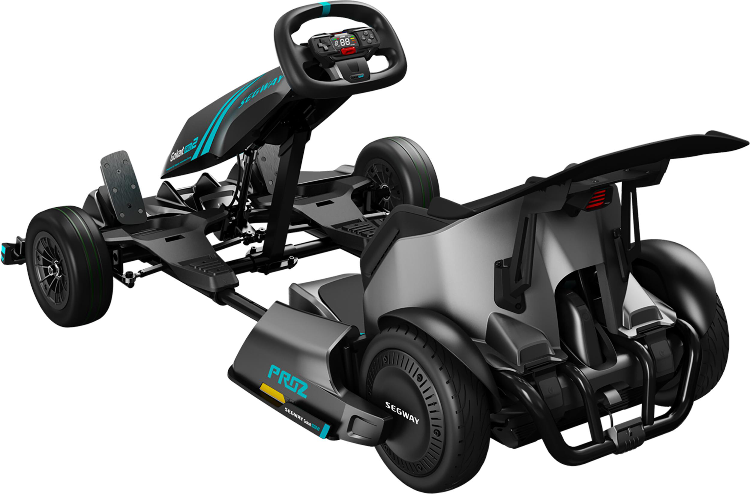 Schwarzes und graues Segway-Go-Kart. Es hat ein Lenkrad, einen Sitz und einen Heckspoiler.