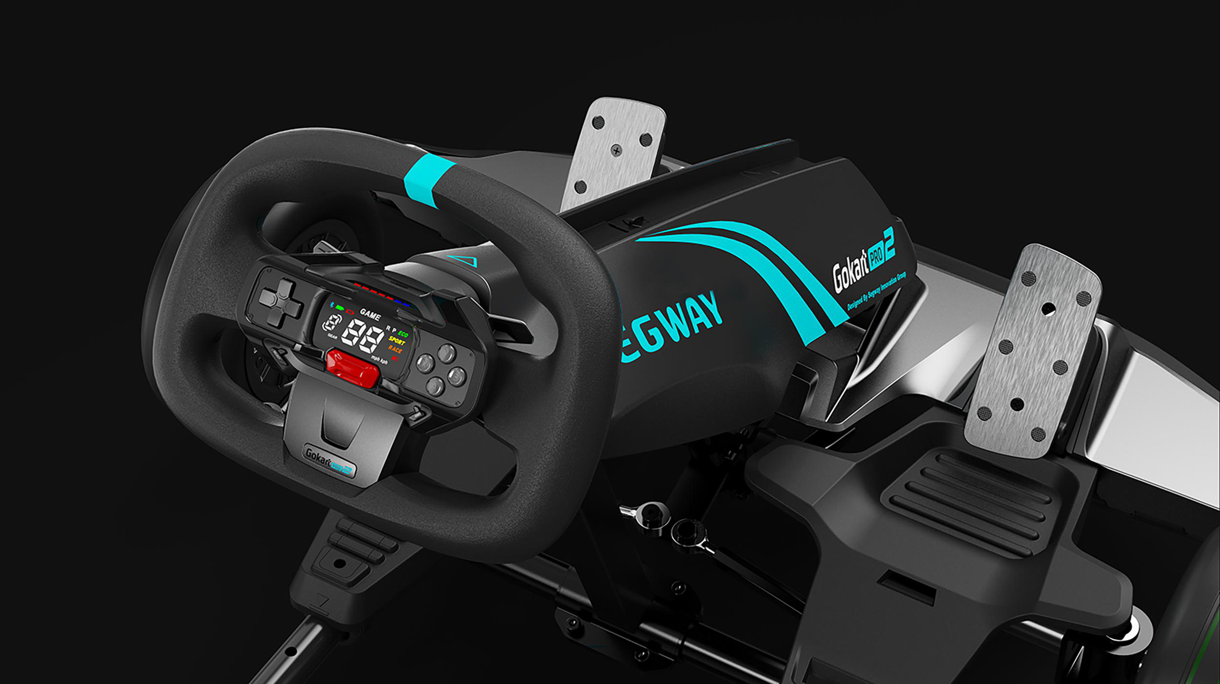 Rennsimulator-Cockpit mit Lenkrad und Pedalen.