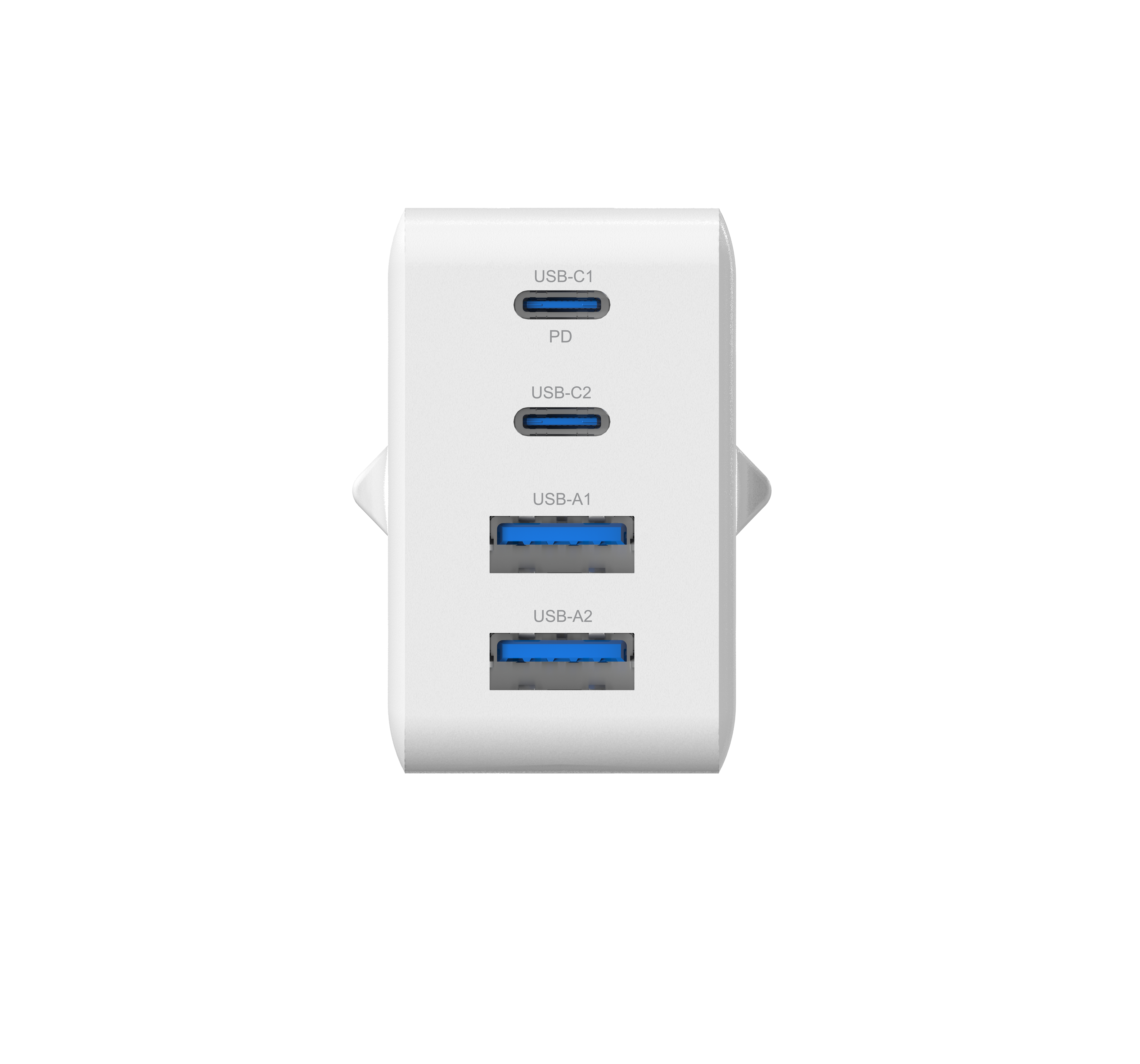 Weißes Ladegerät mit mehreren USB-Anschlüssen. Anschlüsse sind mit USB-C1, USB-C2, USB-A1 und USB-A2 beschriftet.