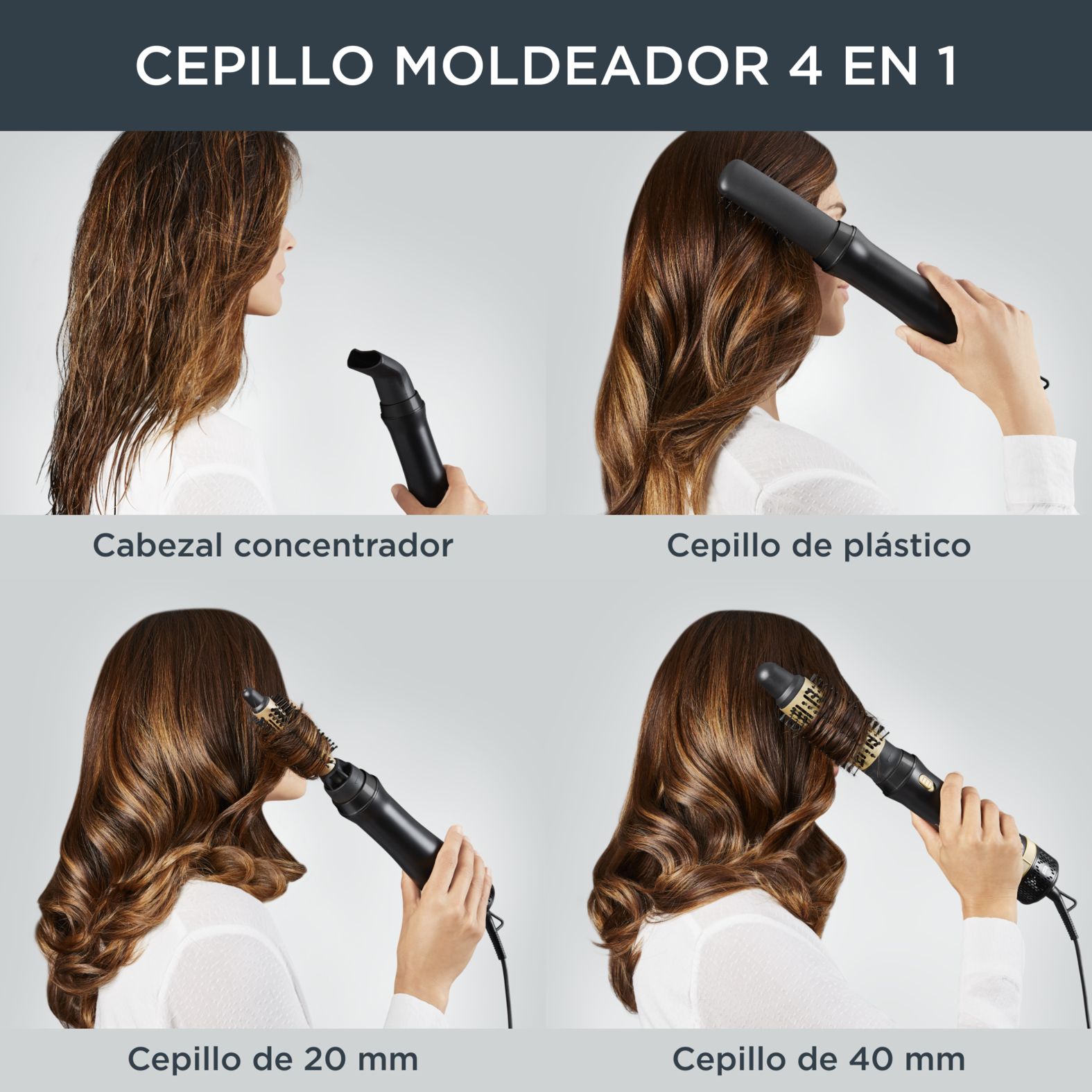 Una mujer usando un cepillo de peinado con múltiples accesorios.