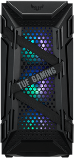 Fekete számítógépház üveg előlappal. RGB világítás látható benne.