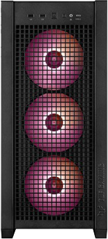 Fekete számítógépház, három megvilágított piros ventilátorral. Az előlap hálós.