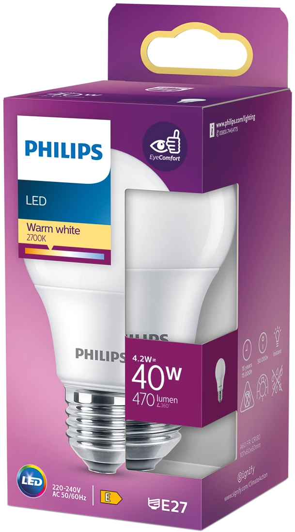 Egy Philips LED izzó a csomagolásában. A csomagolás az izzó specifikációit mutatja.
