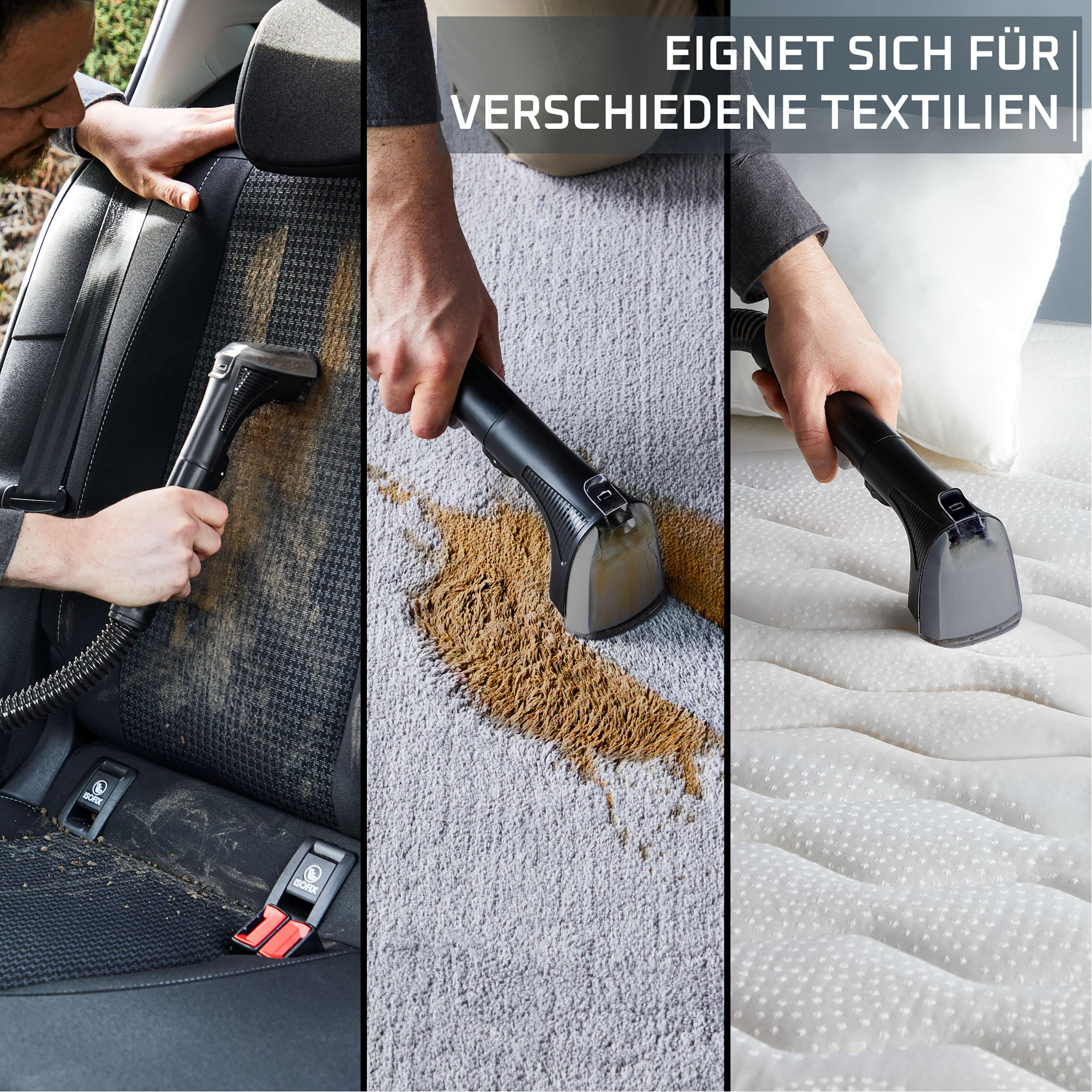 Drei Bilder, die die Reinigung mit einem Handstaubsauger auf einem Autositz, Teppich und Matratze zeigen.