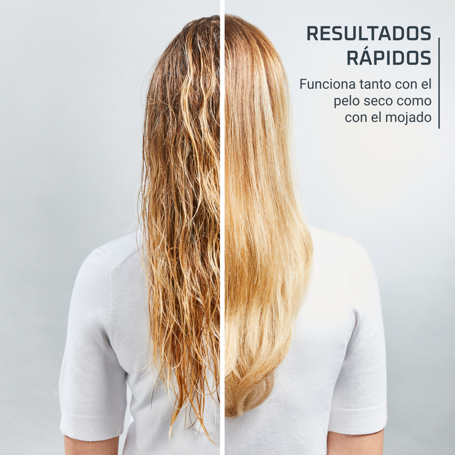 Imagen comparativa de cabello mojado y seco, mostrando resultados antes y después de un producto capilar.