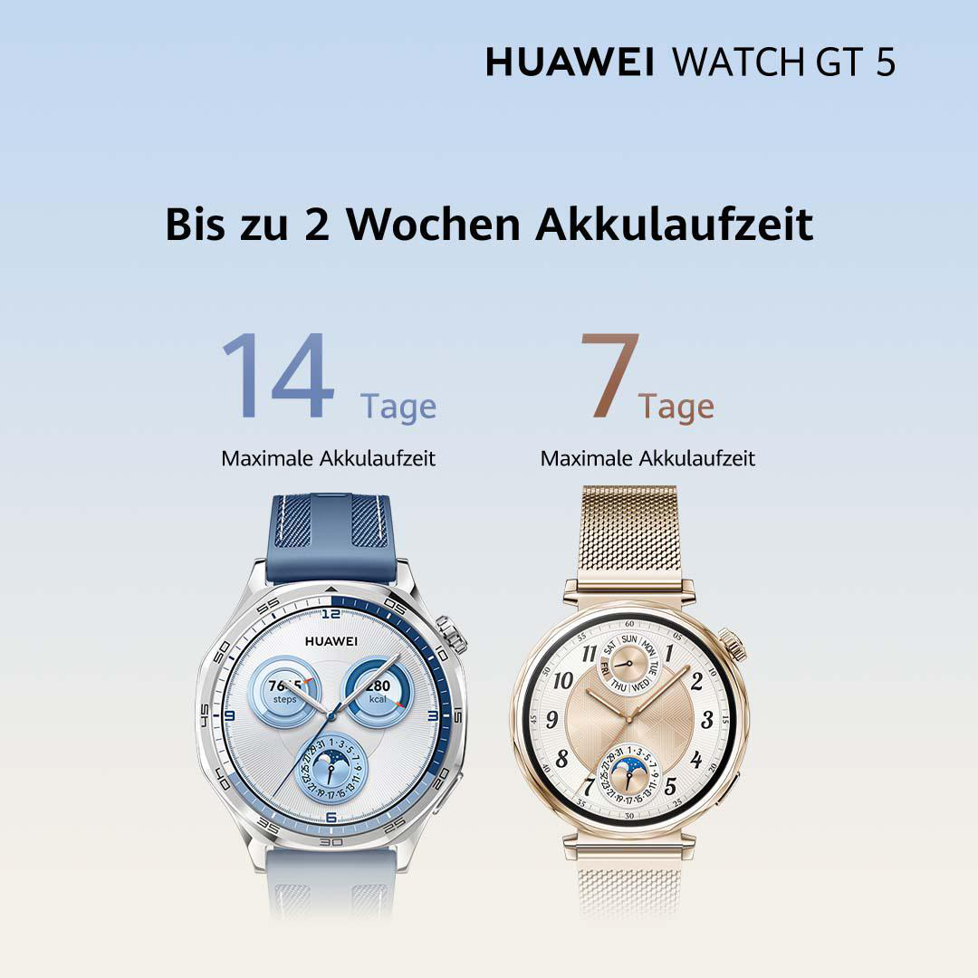 Zwei Smartwatches mit verschiedenen Armbändern. Der Text oben lautet "HUAWEI WATCH GT 5".