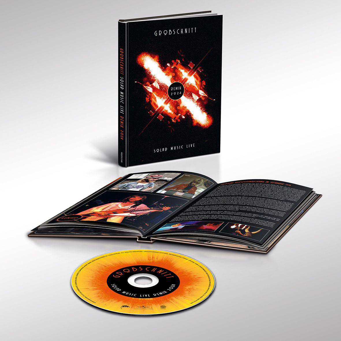 Buch- und CD-Set. Aufgeschlagenes Buch mit Bildern, CD mit orange-gelbem Design.