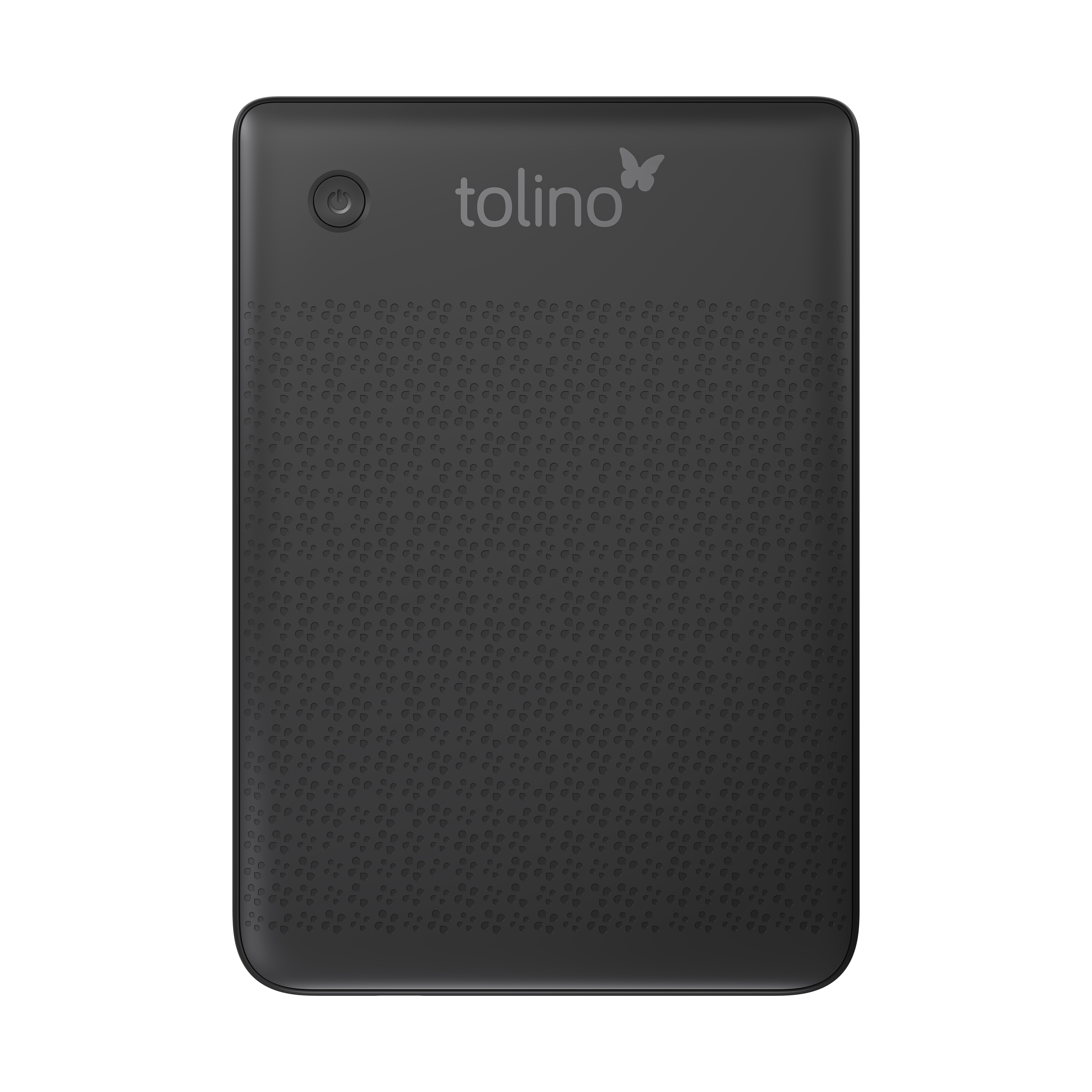 Ein schwarzer E-Reader mit einem Ein-/Aus-Schalter und dem 'tolino'-Logo vor schwarzem Hintergrund.