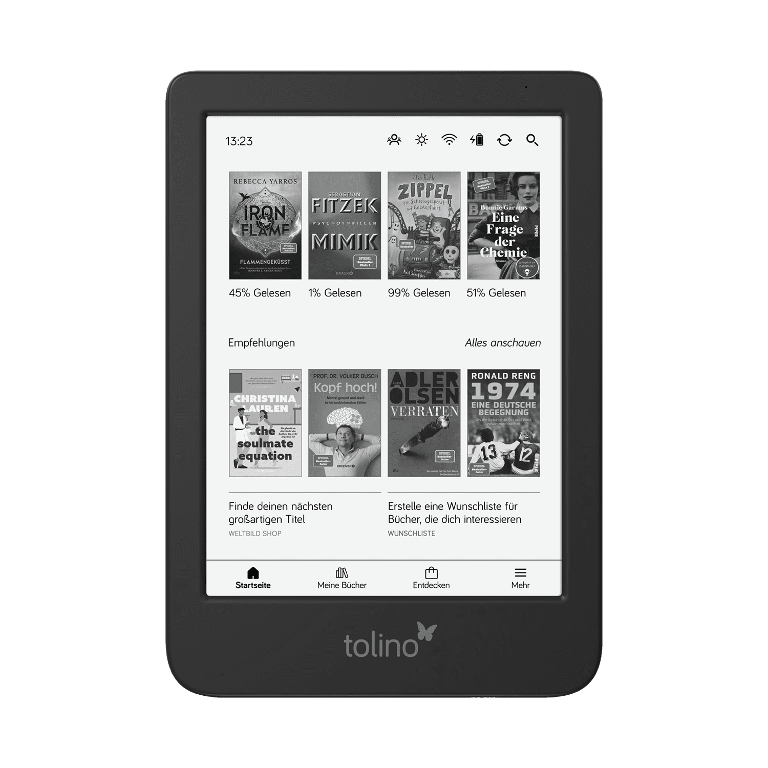 Tolino E-Reader, zeigt Buchcover, schwarzer Rahmen, weißer Bildschirm.