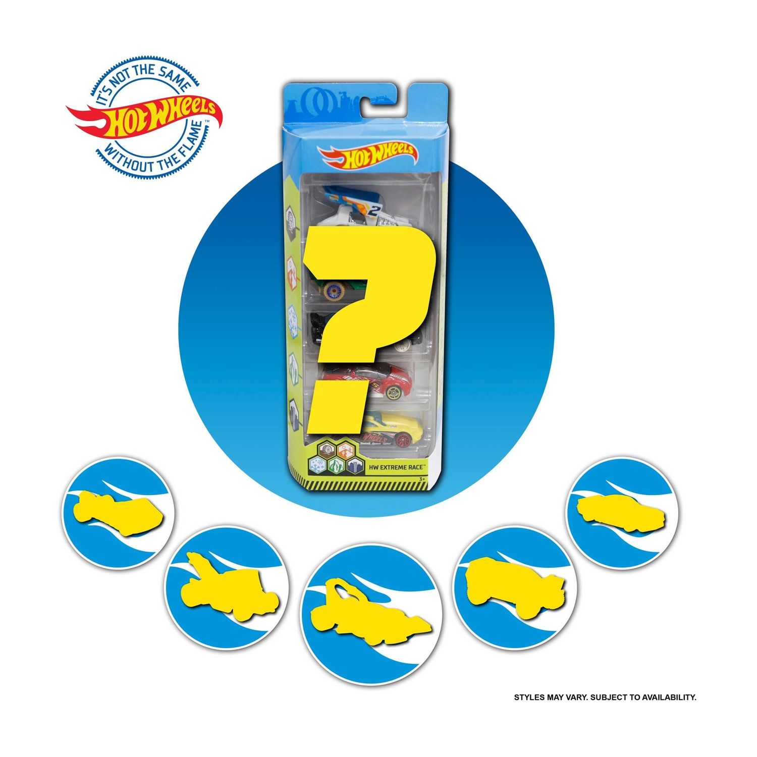 Confezione di auto Hot Wheels con 5 auto. Punto interrogativo giallo. Sfondo blu e bianco.