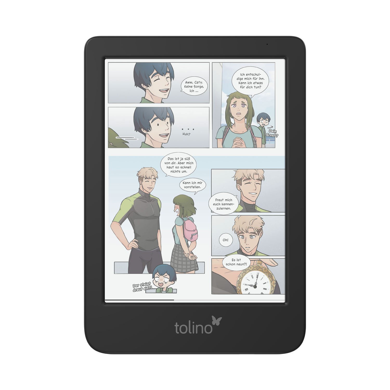 Ein E-Reader zeigt einen Comic an. Der E-Reader ist schwarz, mit der Marke 'tolino' unten.
