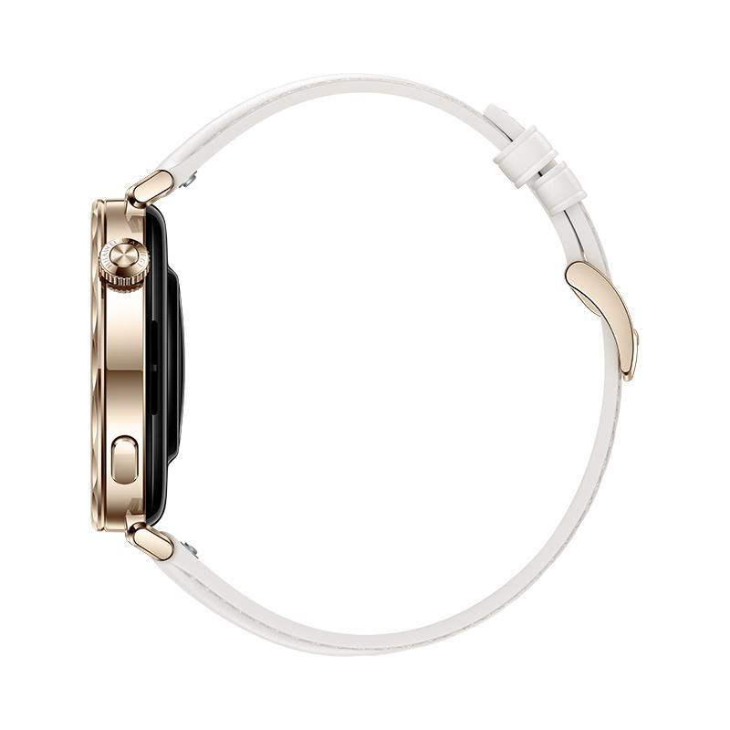 Goldene Smartwatch mit weißem Armband, Seitenansicht. Elegantes Design, weißer Hintergrund.