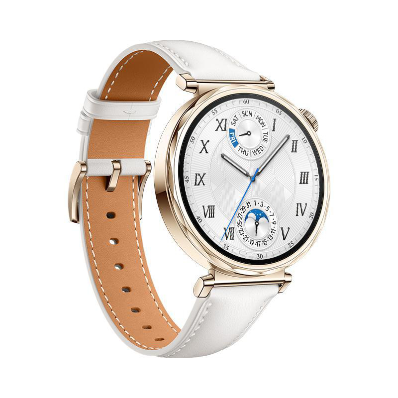 Goldgerahmte Smartwatch mit weißem Lederarmband, römische Ziffern auf dem Zifferblatt.