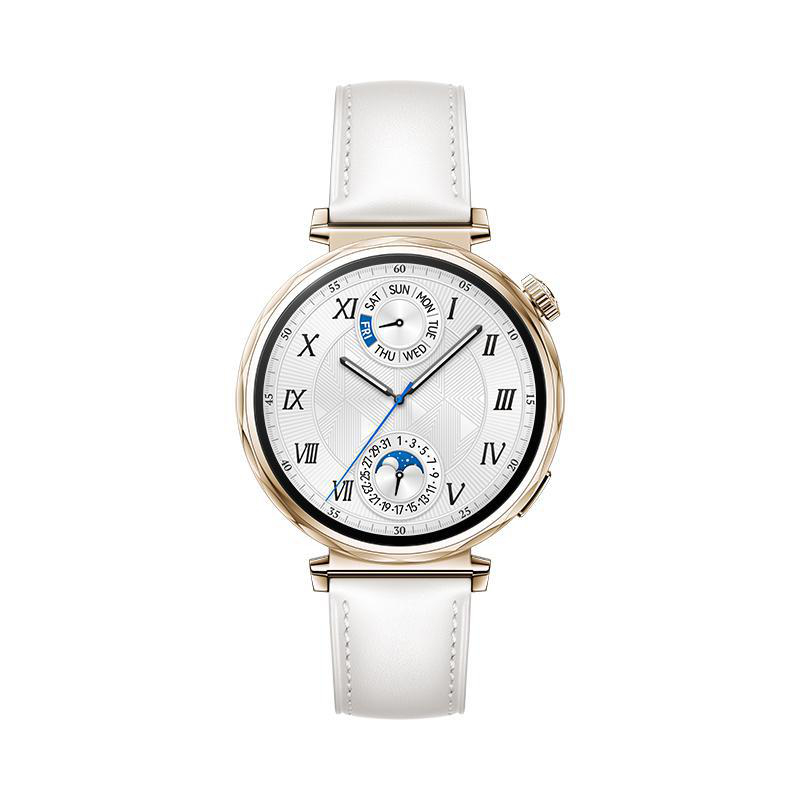 Eine goldene Uhr mit weißem Armband. Das Zifferblatt hat römische Ziffern und einen kleinen Kalender.