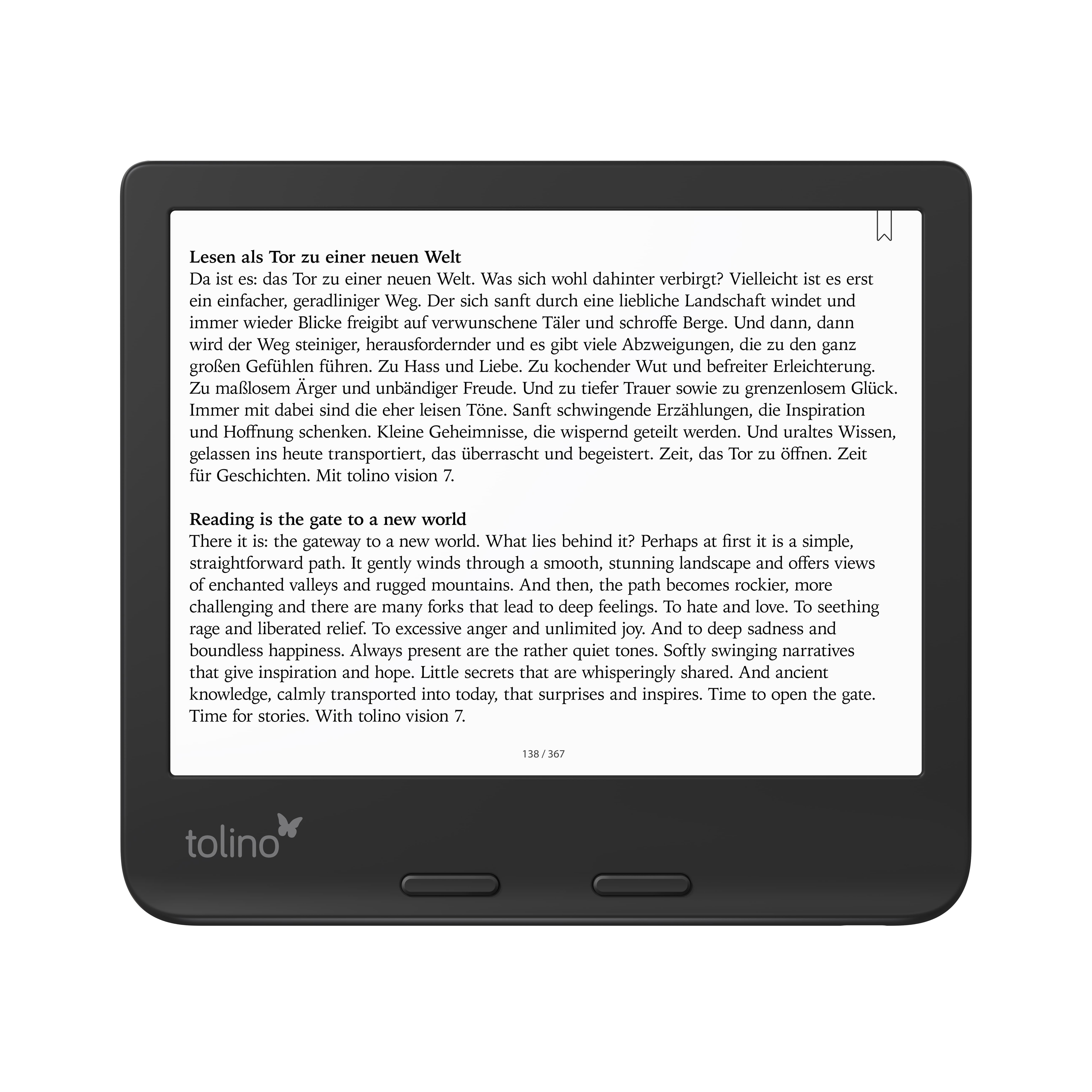 Ein schwarzer E-Reader mit Text. Die Marke ist Tolino, mit einem Schmetterlingslogo.