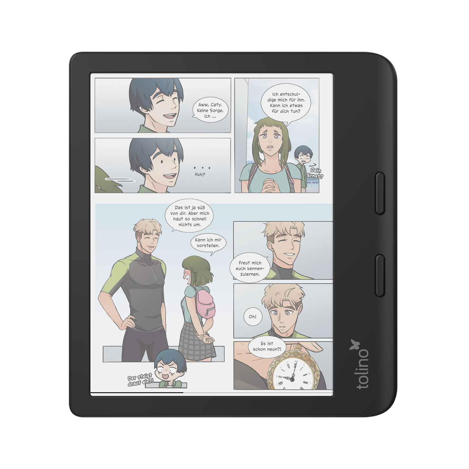 Ein E-Reader zeigt einen Comic mit Panels mit Text und farbigen Zeichnungen.
