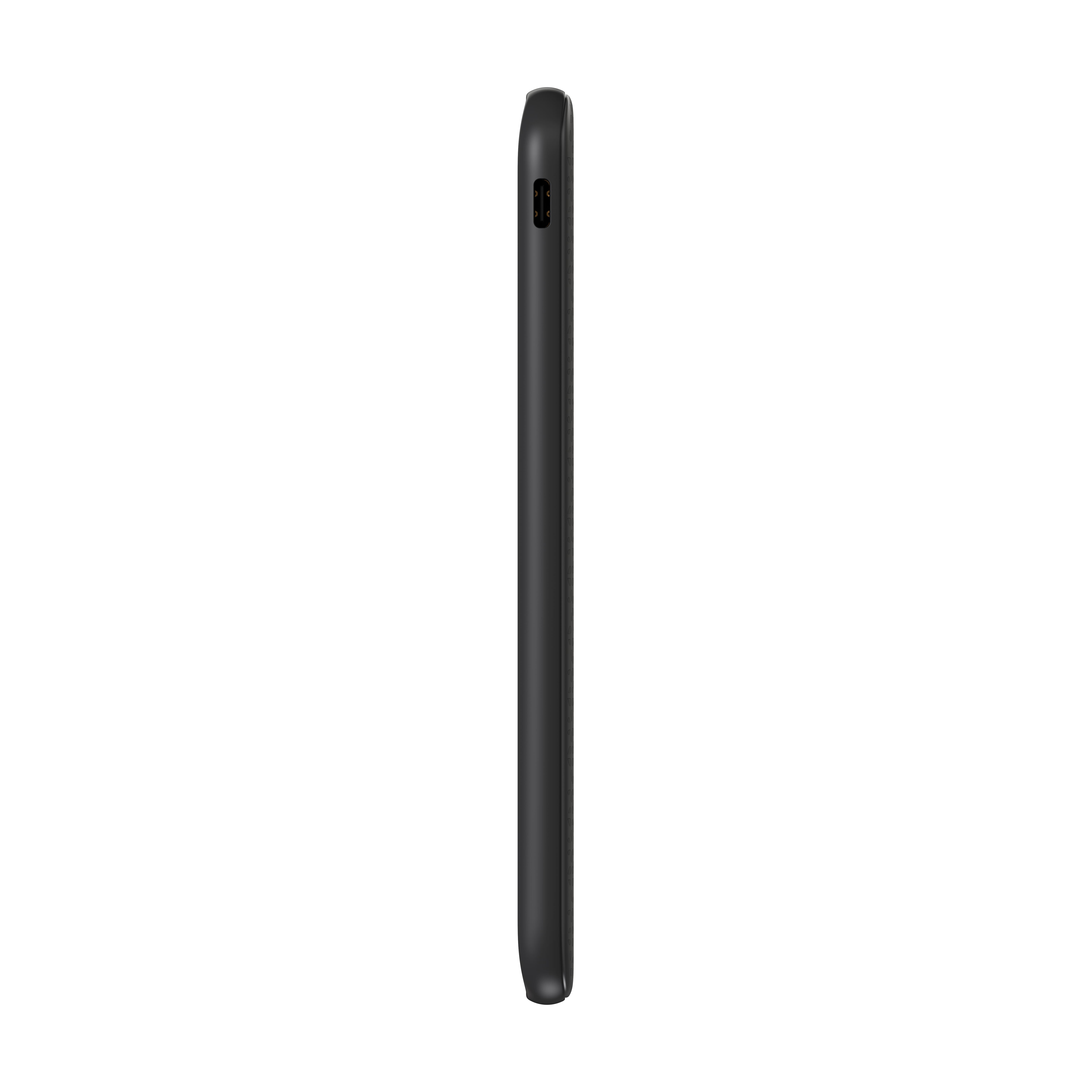 Ein dünnes, schwarzes Gerät, möglicherweise ein Tablet, von der Seite gesehen.