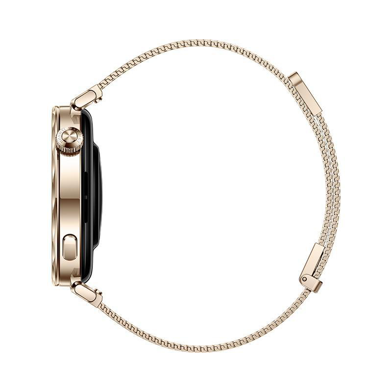 Goldene Smartwatch von der Seite. Die Uhr hat ein rundes Zifferblatt und ein Metallarmband.