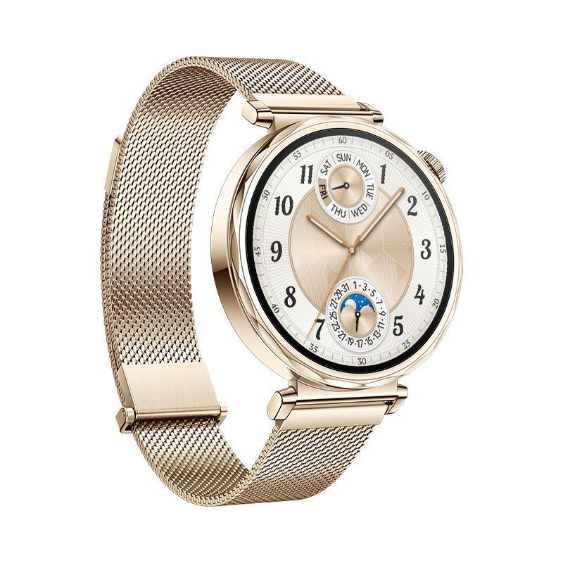 Eine goldene Smartwatch mit einem goldenen Mesh-Armband. Das Zifferblatt zeigt Zahlen und ein Datumsfenster.