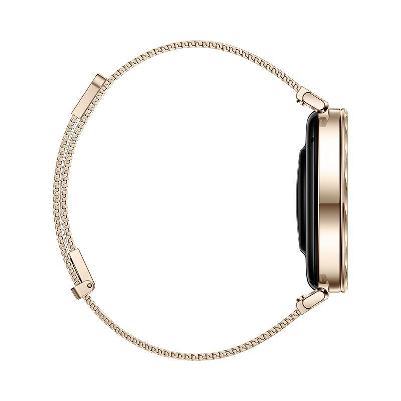 Goldene Smartwatch mit Mesh-Armband auf weißem Hintergrund.