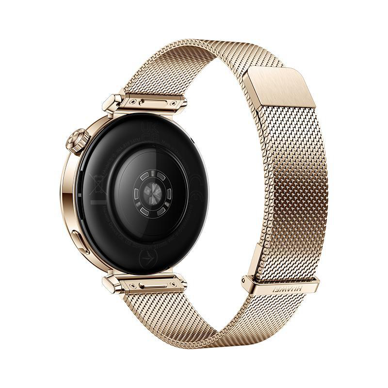 Eine goldene Smartwatch mit Mesh-Armband, zeigt die Rückseite der Uhr mit Sensoren und dem Armband.