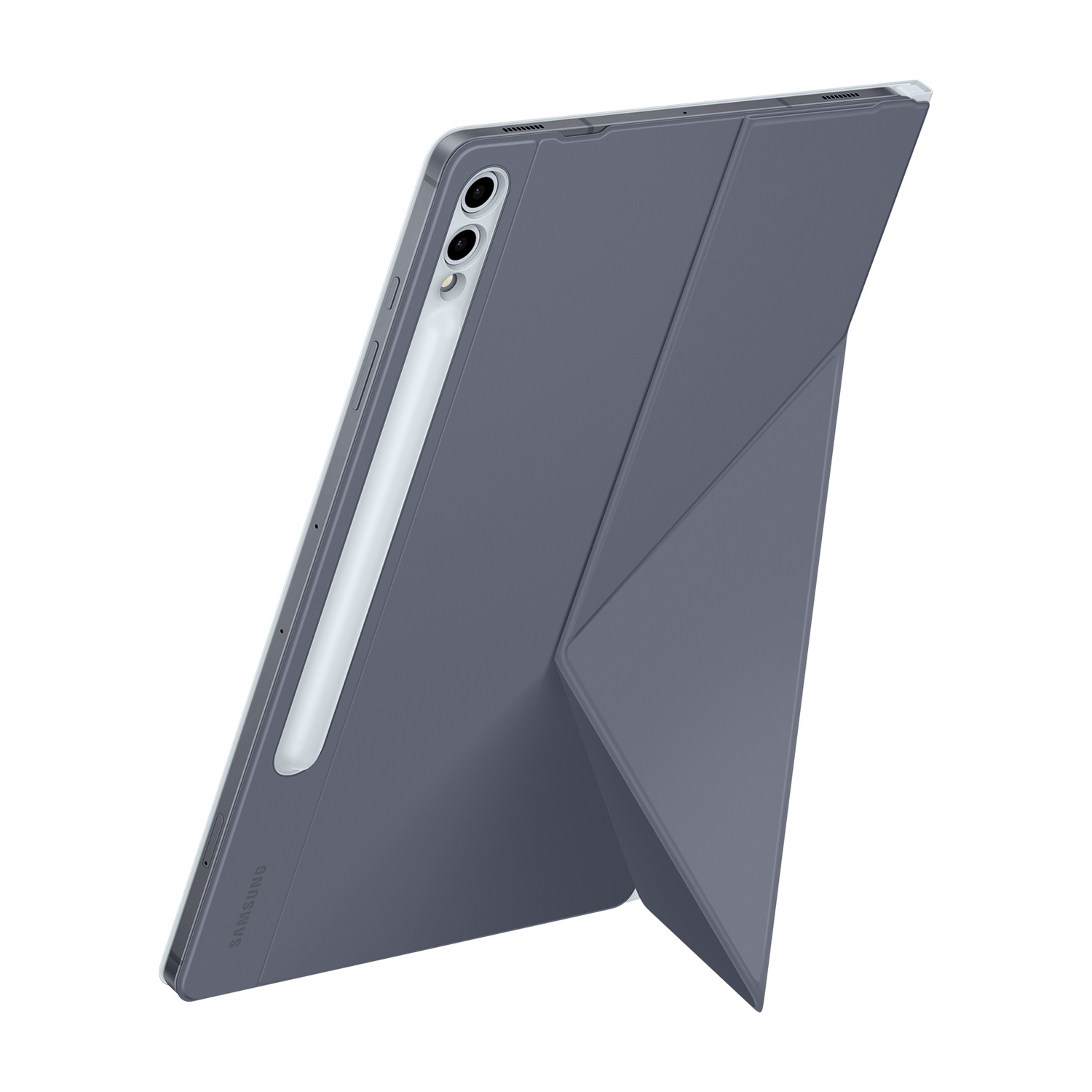 Tablet grigio con custodia. La custodia sostiene il tablet. Logo Samsung visibile.