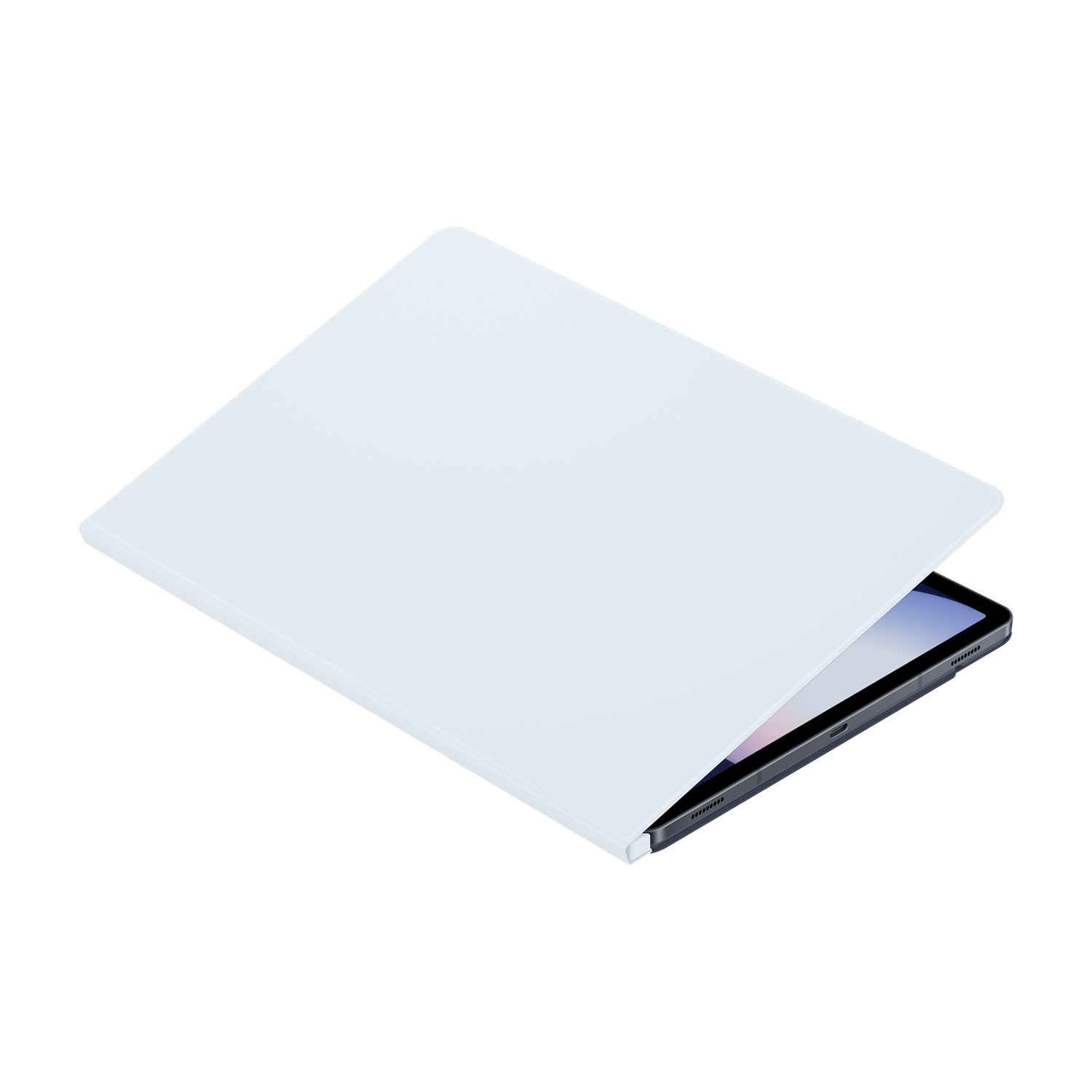 Una cover per tablet bianca, parzialmente aperta per rivelare uno schermo nero. Lo sfondo è bianco.