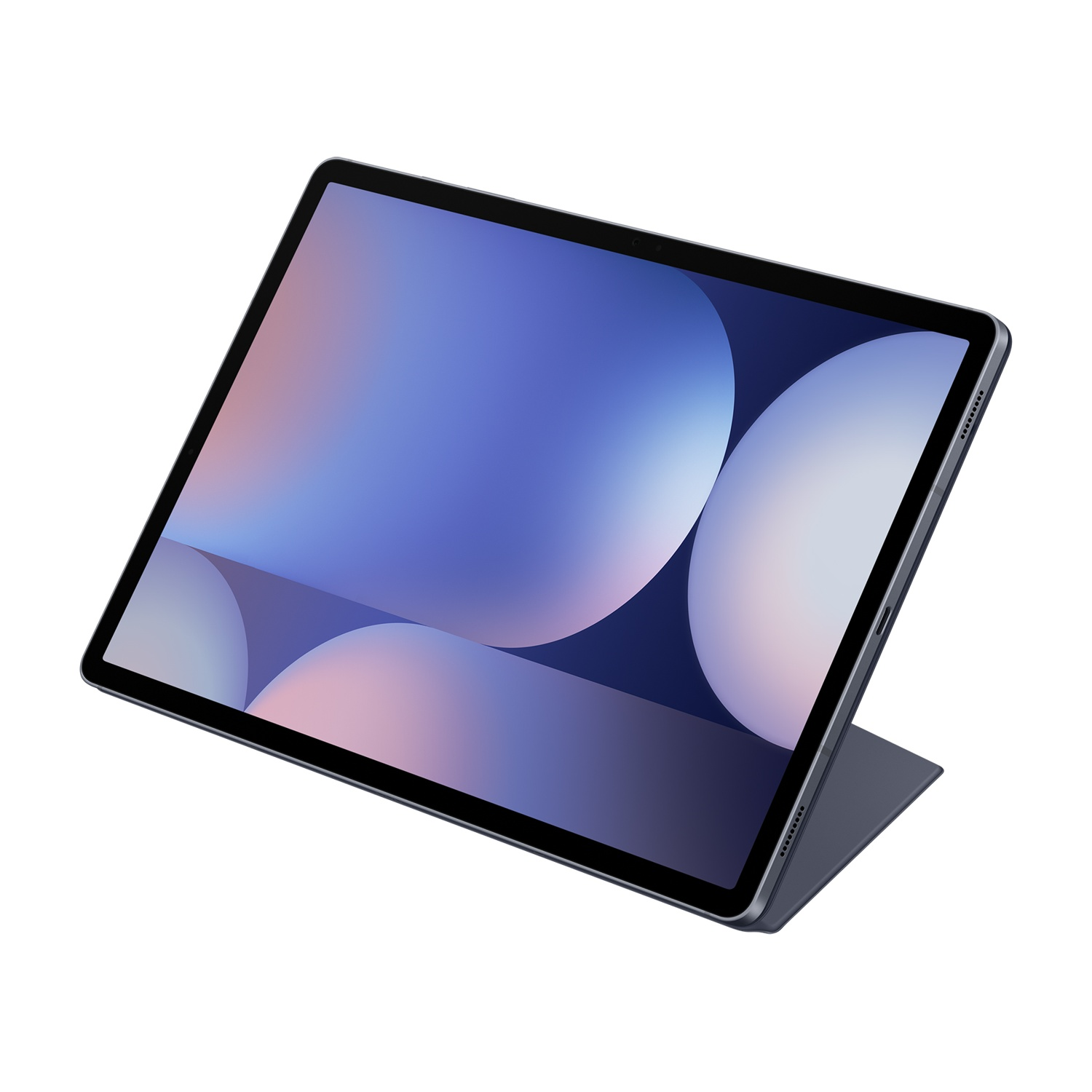 Tablet con uno sfondo astratto blu e bianco, appoggiato su una custodia.