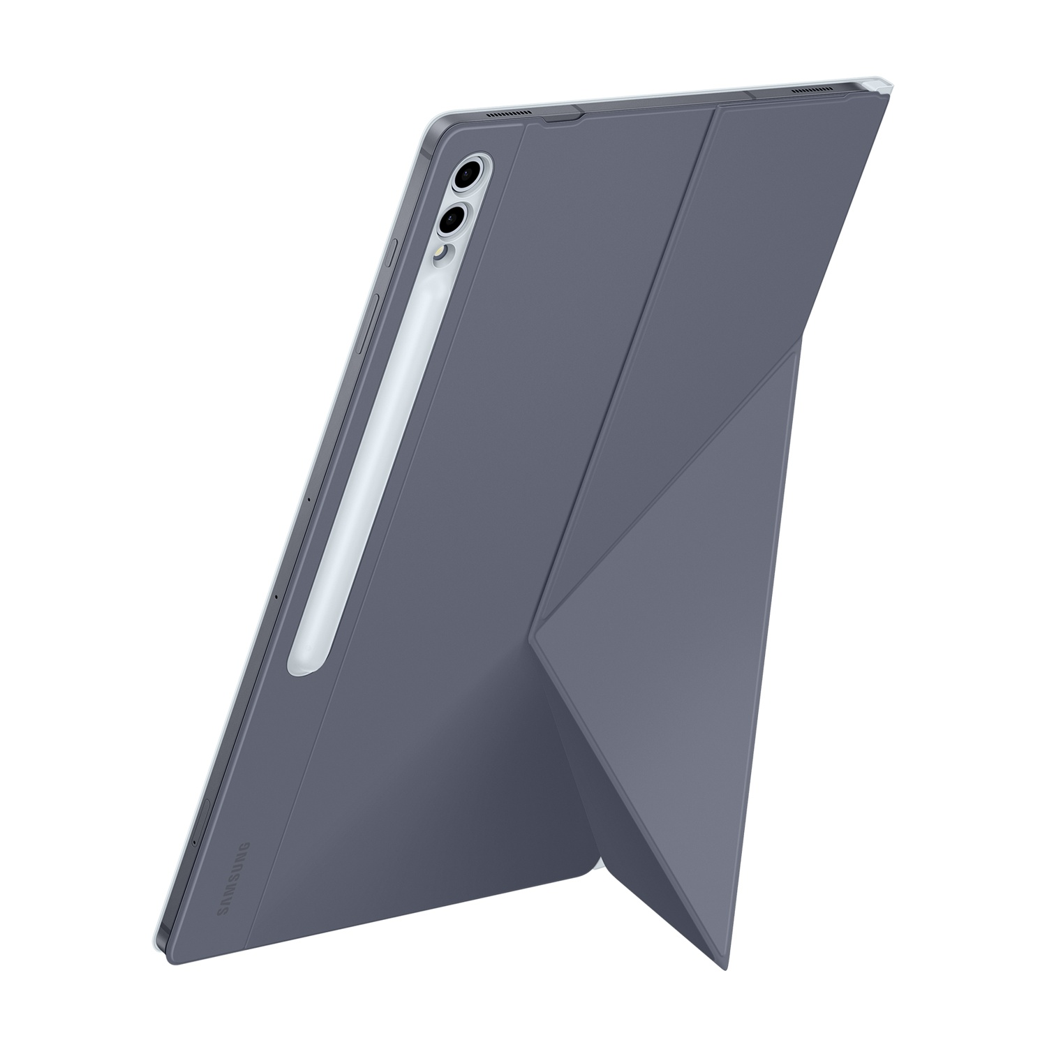 Un tablet grigio con penna collegata e custodia ripiegata come supporto.
