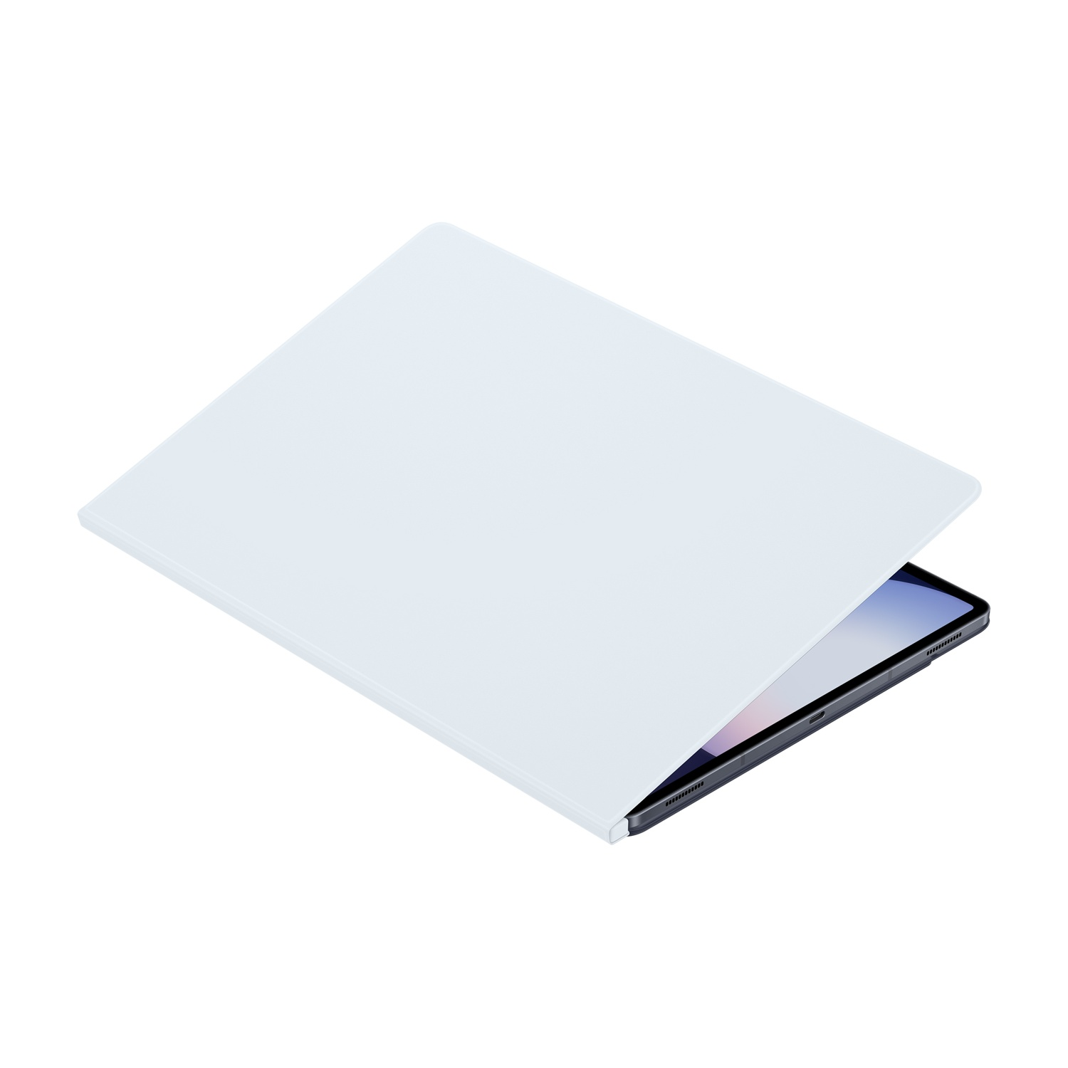 Tablet bianco con una cover bianca. Il tablet è leggermente aperto.
