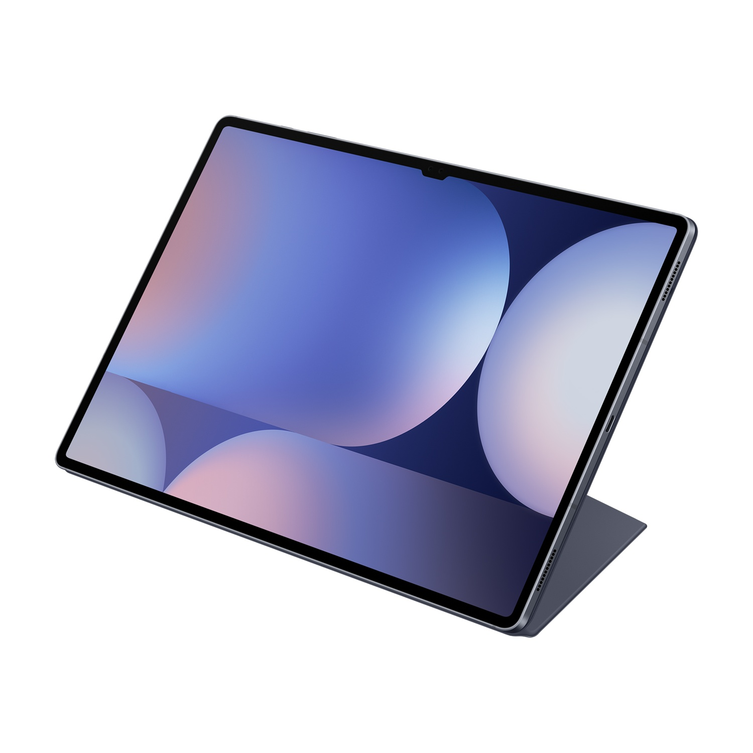 Tablet inclinato su sfondo bianco. Lo schermo mostra un design astratto blu e viola.