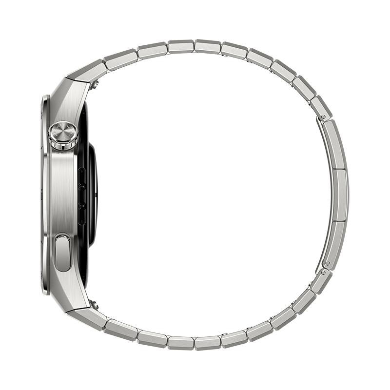 Silberne Smartwatch mit Metallarmband, Seitenansicht. Rundes Zifferblatt und Armband vor weißem Hintergrund.