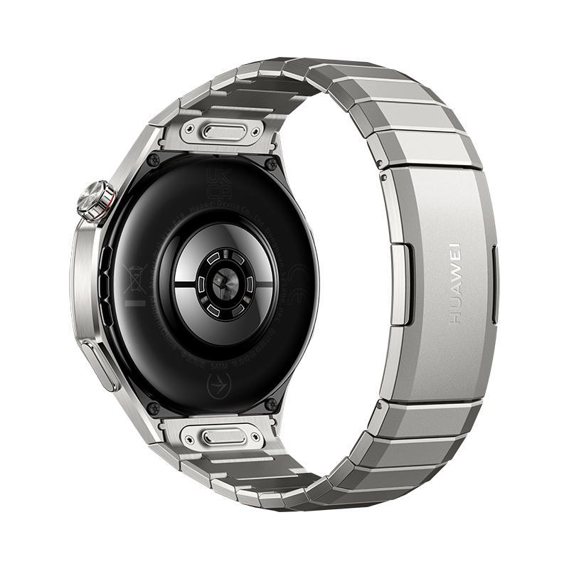 Eine silberne Huawei Smartwatch mit Metallarmband. Die Rückseite der Uhr ist sichtbar.