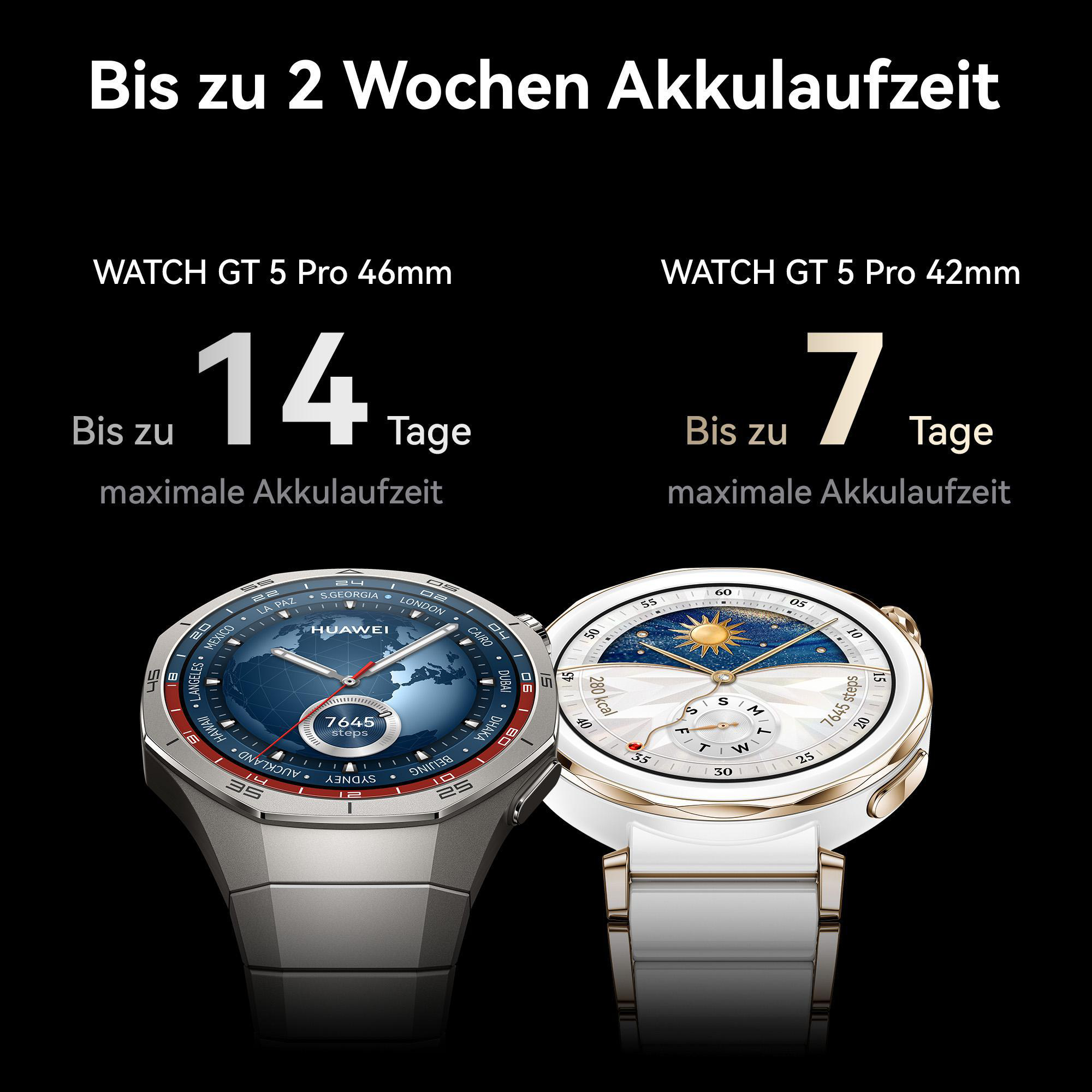 Zwei Smartwatches mit Text, der 14 und 7 Tage Akkulaufzeit anzeigt, schwarzer Hintergrund.