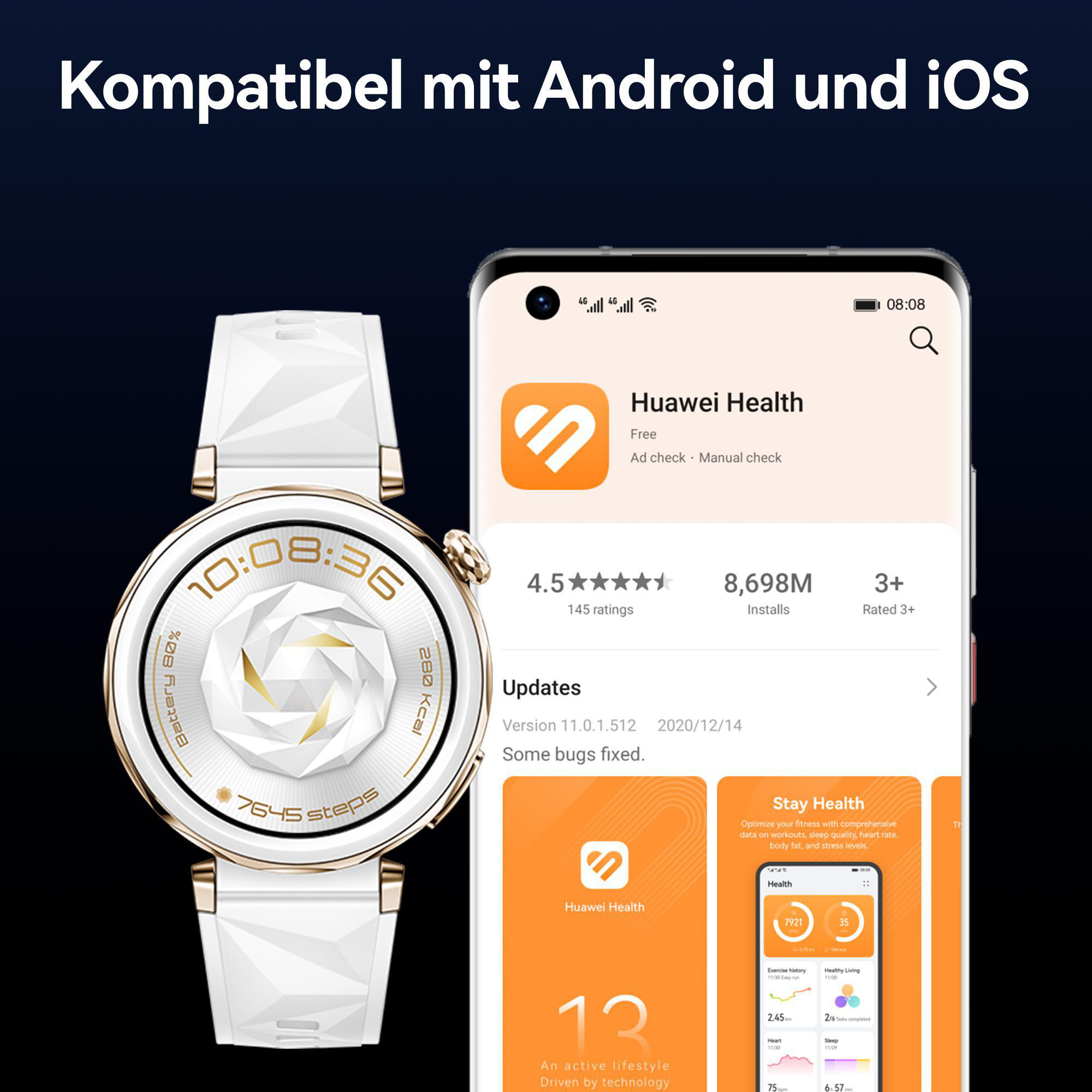 Smartwatch mit weißem und goldenem Armband, App auf dem Handy.