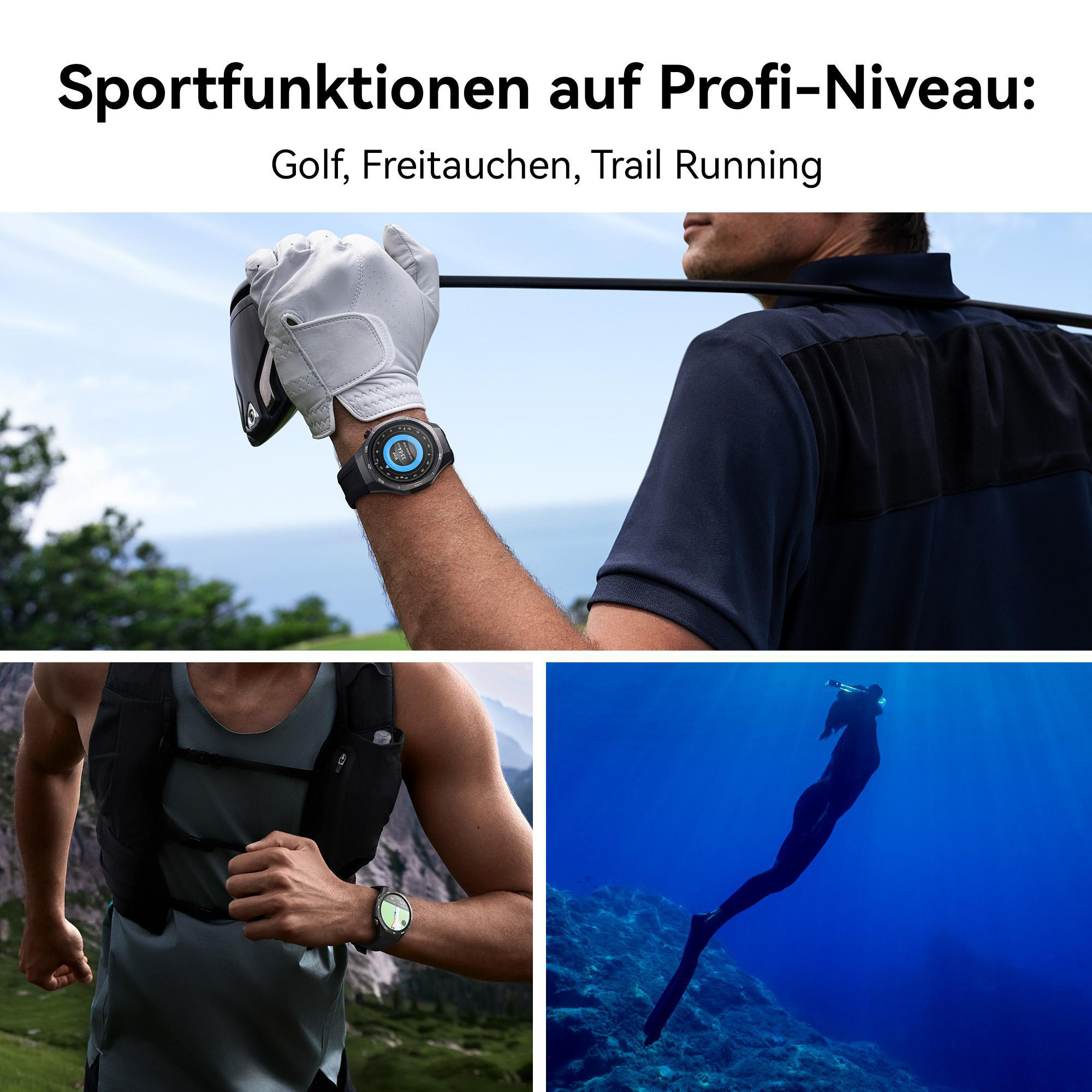 Uhr am Handgelenk, Mann beim Golfen, Trailrunning und Unterwasser.