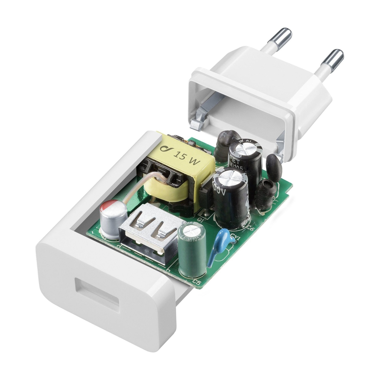 Caricatore USB bianco con custodia aperta. Mostra il circuito stampato e i componenti interni.