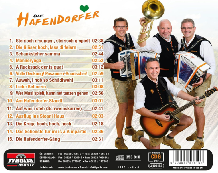 CD-Cover mit einer Band aus vier Männern in traditioneller österreichischer Kleidung.