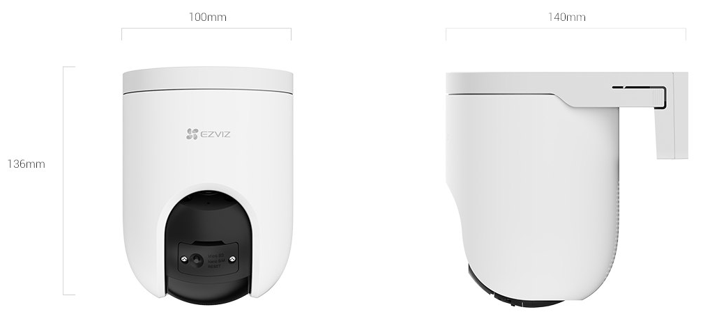 Fehér biztonsági kamera, méretekkel: 100 mm, 140 mm, és 136 mm.
