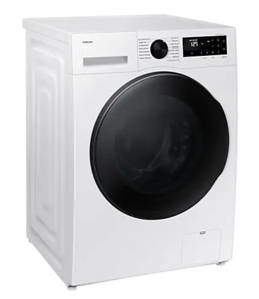 Beyaz bir Samsung çamaşır makinesi, bir açıdan görünüm. Siyah bir kapısı ve kontrol paneli var.