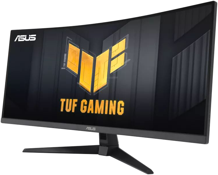 Egy ívelt számítógép monitor a 'TUF GAMING' logóval és fekete állvánnyal.