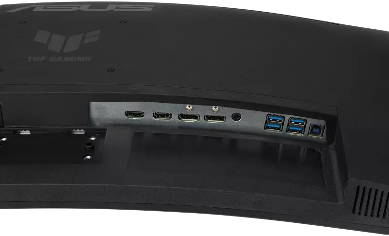 Egy ívelt gaming monitor hátulja, több porttal és az ASUS TUF logóval.