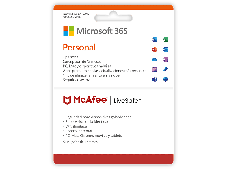 Pack Microsoft Office 365 Personal + Antivirus McAfee LiveSafe, Suscripción 1 año (Formato Físico)